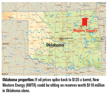 Oklahoma properties: If oil prices spike back to $125 a barrel, New Western Energy (NWTR) could be sitting on reserves worth $118 million in Oklahoma alone.